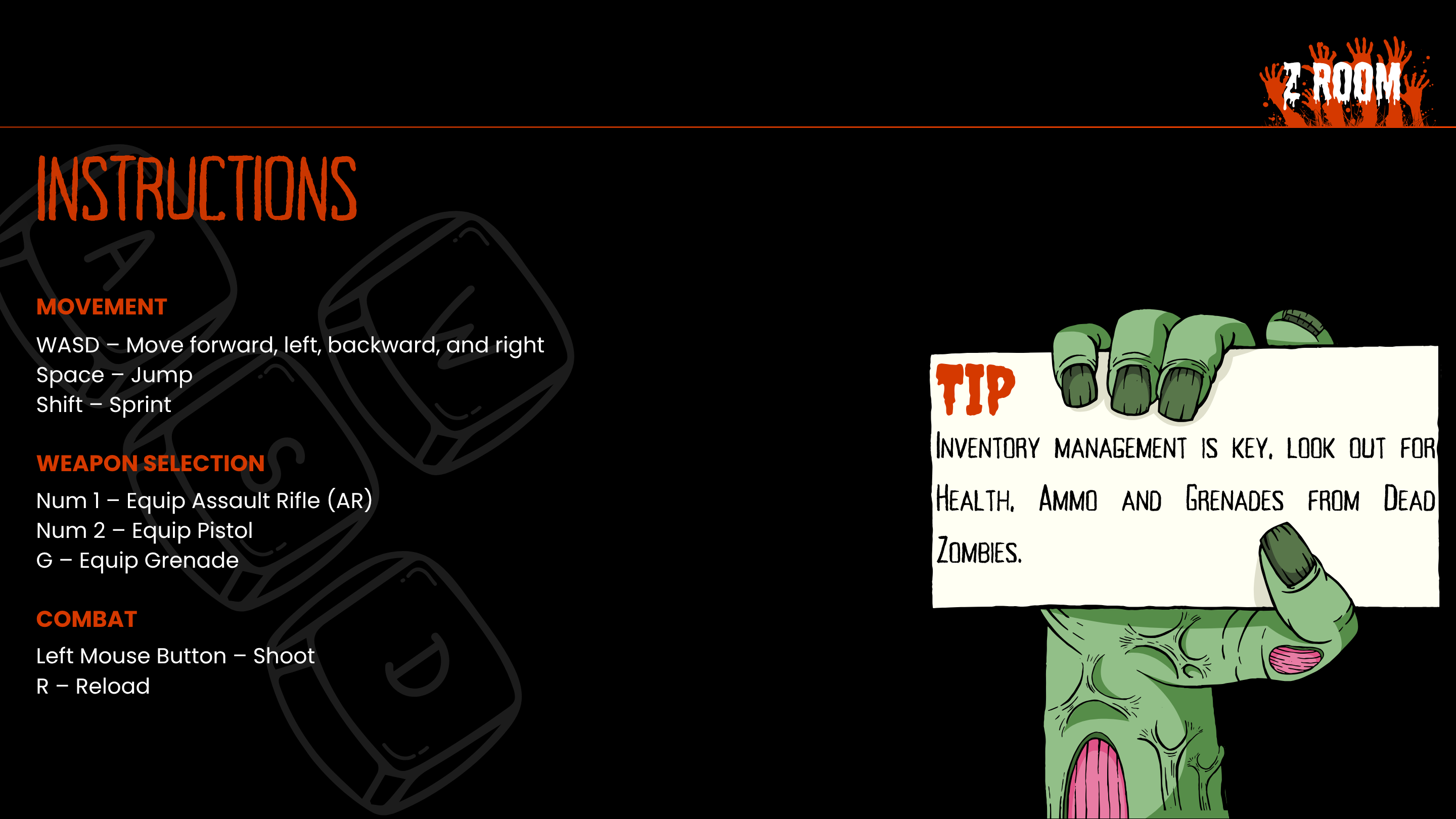 Instruction screen displaying movement, combat, and weapon selection controls